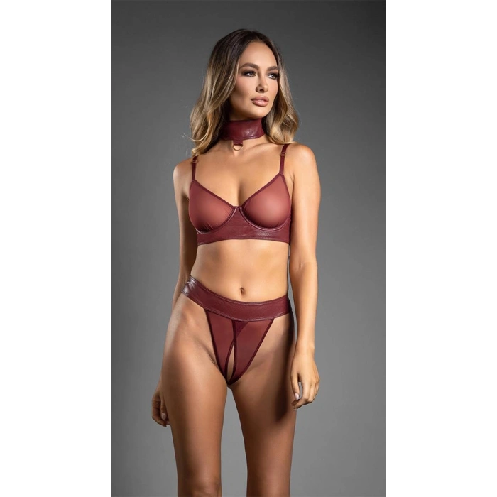 VipMarketim  Bordo Tül Büstiyerli Özel Bölgesi Açık Kelepçeli Fantezi Deri Takım