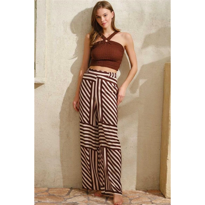 VipMarketim Boyundan Bağlamalı Kadın Çizgili Yazlık Uzun İp Detaylı Pijama Takımı Anıl (Kod:9815)