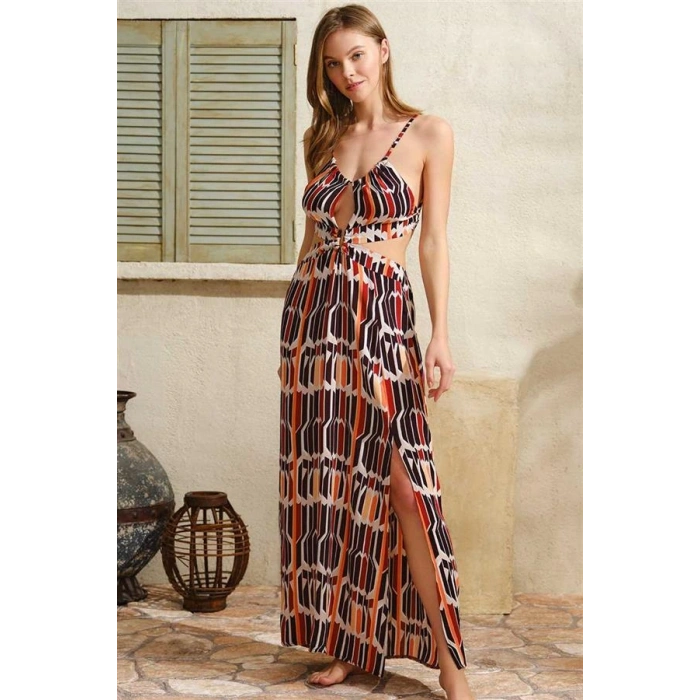 Vipmarketim Boyundan Bağlamalı V Yaka Kadın Viskon Geometrik Yazlık İp Detaylı Elbise