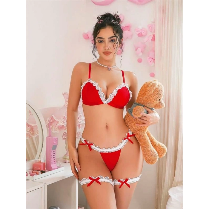 VipMarketim  Boyunluklu Bacak Aksesuarlı Kırmızı Fantezi Hizmetçi Kostümü