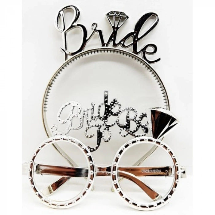 VipMarketim Bride Yazılı Taç ve Bride To Be Yazılı Gözlük Seti Gümüş Renk