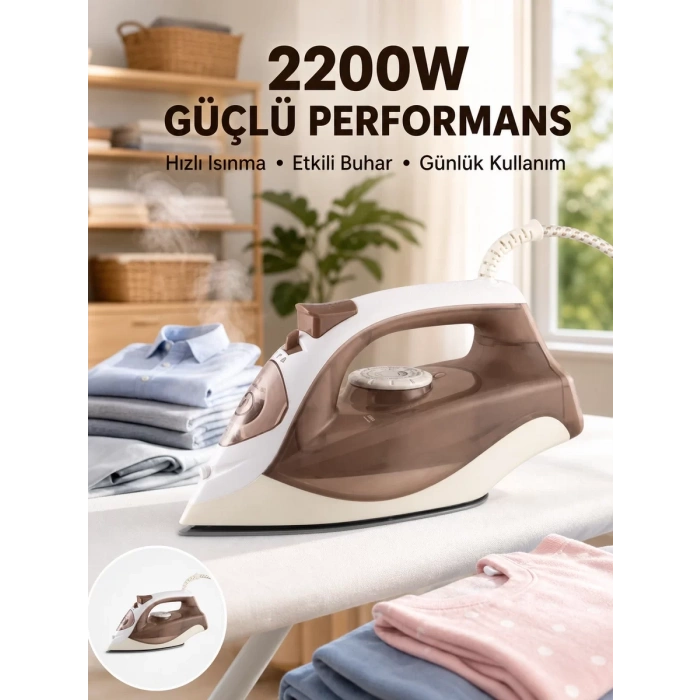 VipMarketim Buharlı Ütü 2200W Kireç Önleyici Self Clean Damlatmaz Kahverengi