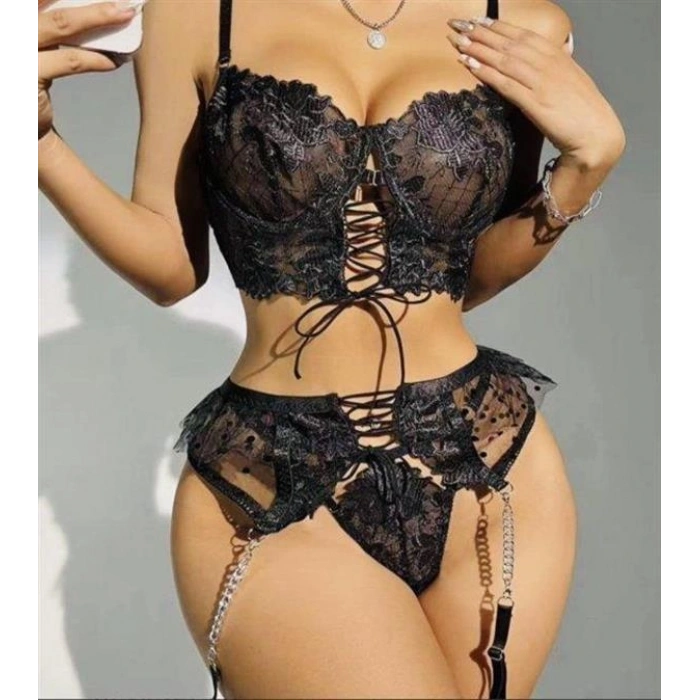 Vipmarketim Büstiyerli Dantel Fantezi Siyah Jartiyer Takımı