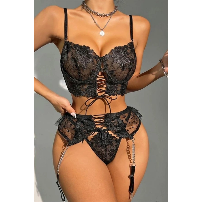 Vipmarketim Büstiyerli Dantel Fantezi Siyah Jartiyer Takımı