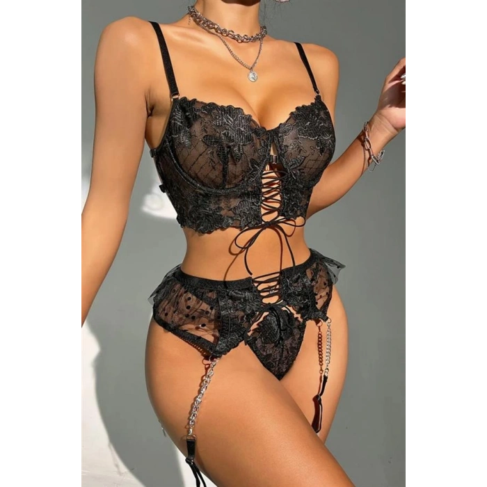 Vipmarketim Büstiyerli Dantel Fantezi Siyah Jartiyer Takımı