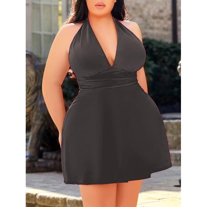 VipMarketim  Büyük Beden Antrasit Boyundan Bağlamalı Mini Gecelik