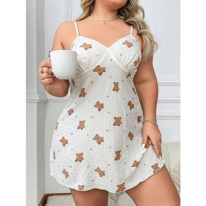 VipMarketim Büyük Beden Ayıcık Desenli İnce Askılı Mini Gecelik