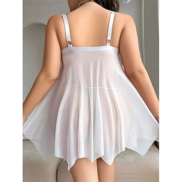 VipMarketim Büyük Beden Beyaz Kalın Askılı Kurdelalı Fantezi Tül Gecelik