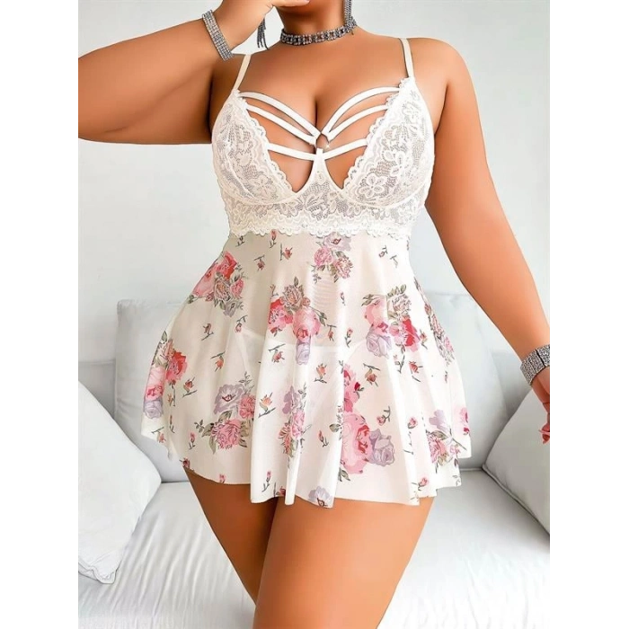 VipMarketim  Büyük Beden Beyaz Üstüne Çiçek Desenli Dantel İşlemeli İnce Askılı Mini Gecelik