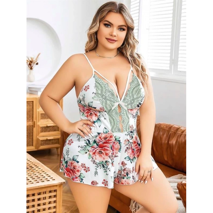 VipMarketim  Büyük Beden Beyaz Üstüne Çiçek Desenli Dantel İşlemeli İnce Askılı Şort Gecelik