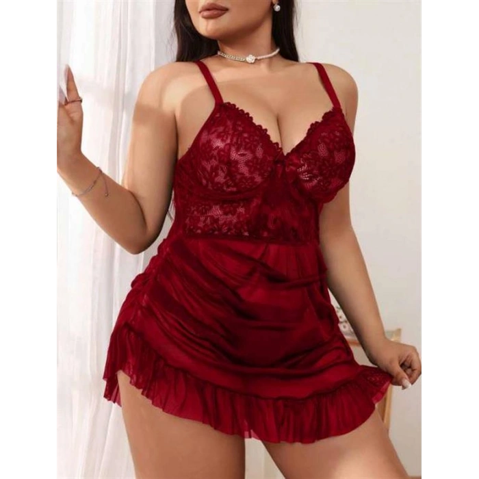 VipMarketim  Büyük Beden Bordo Dantel İşlemeli Fırfırlı Gecelik