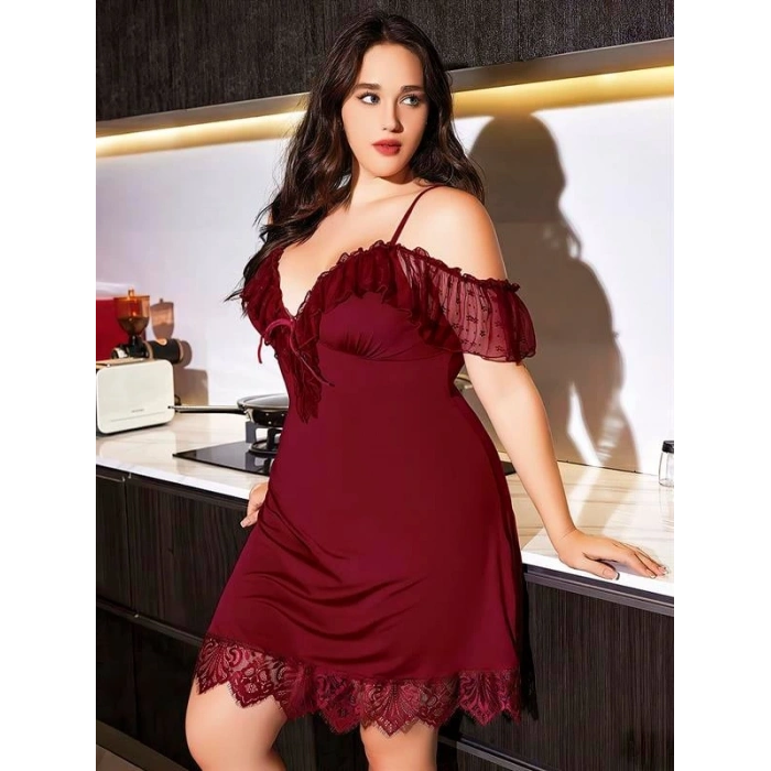 VipMarketim  Büyük Beden Bordo Dantel İşlemeli İnce Askılı Gecelik