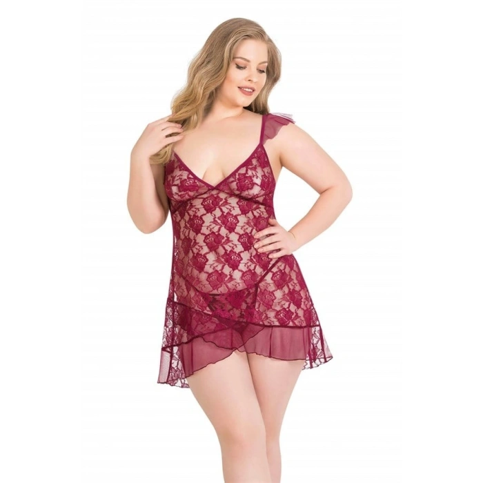 VipMarketim Büyük Beden Bordo Kısa Tül Gecelik