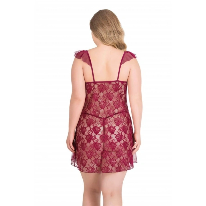 VipMarketim Büyük Beden Bordo Kısa Tül Gecelik