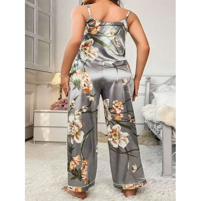 VipMarketim  Büyük Beden Çiçek Desenli İnce Askılı Gri 2li Takım