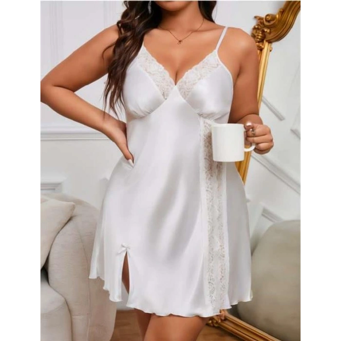 VipMarketim  Büyük Beden Dantel İşlemeli Beyaz Saten Gecelik