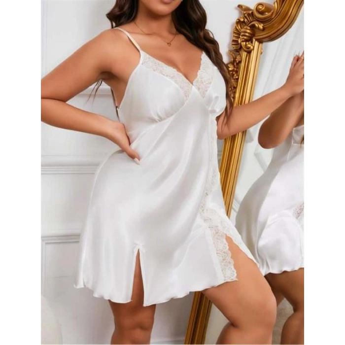 VipMarketim  Büyük Beden Dantel İşlemeli Beyaz Saten Gecelik