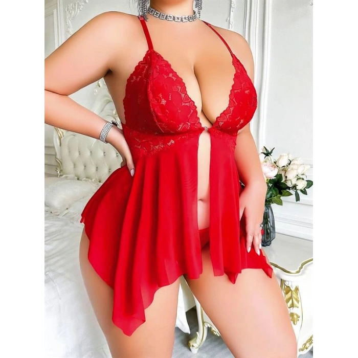 VipMarketim Büyük Beden Dantel İşlemeli Fırfırlı Dekolteli Fantezi Tül Kırmızı Gecelik