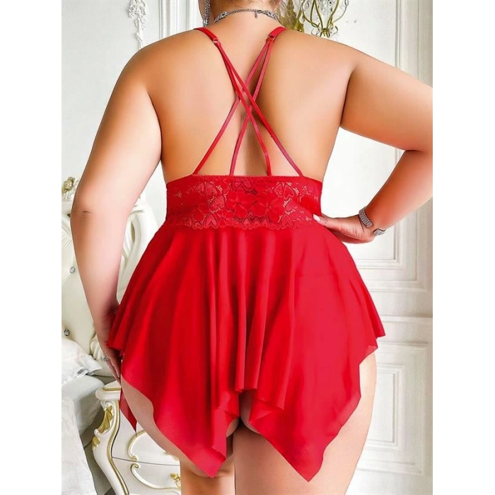 VipMarketim Büyük Beden Dantel İşlemeli Fırfırlı Dekolteli Fantezi Tül Kırmızı Gecelik