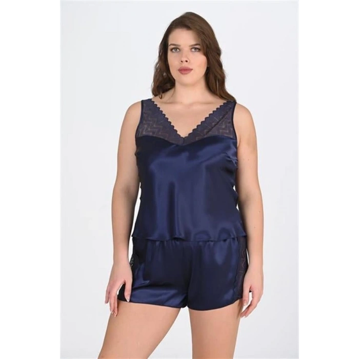 Vipmarketim Büyük Beden Dantel İşlemeli Lacivert Saten Şortlu Gecelik Takımı