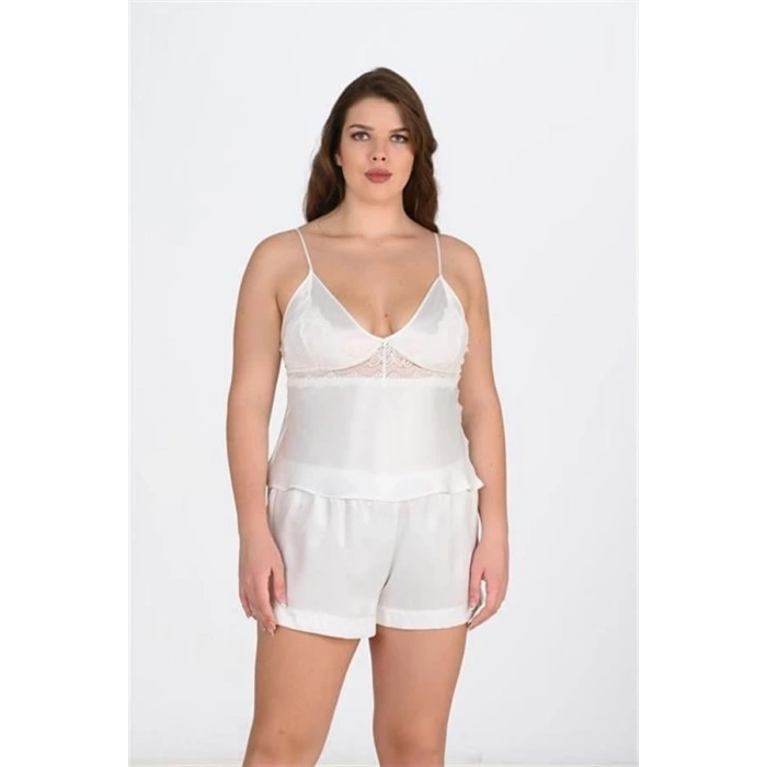 Vipmarketim Büyük Beden Ekru Saten Şort Takımı