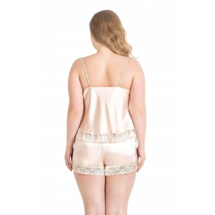 VipMarketim Büyük Beden Fildişi Saten Babydoll Şort Takımı