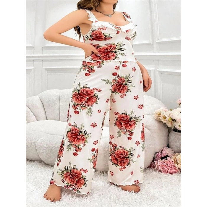 VipMarketim Büyük Beden Gül Desenli İnce Askılı Beyaz Salaş 2Li Takım