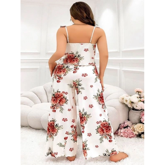 VipMarketim Büyük Beden Gül Desenli İnce Askılı Beyaz Salaş 2Li Takım