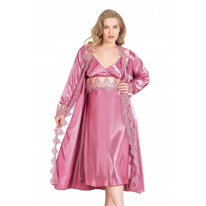 Vipmarketim Büyük Beden Gül Kurusu Uzun İkili Saten Sabahlık Gecelik Takımı