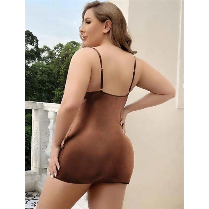 VipMarketim  Büyük Beden Kahverengi Deri Metal Aksesuarlı Fantezi Elbise