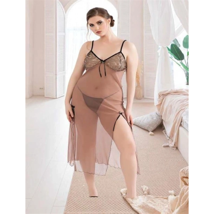 VipMarketim  Büyük Beden Kahverengi Tül Fantezi Uzun Yırtmaçlı Gecelik