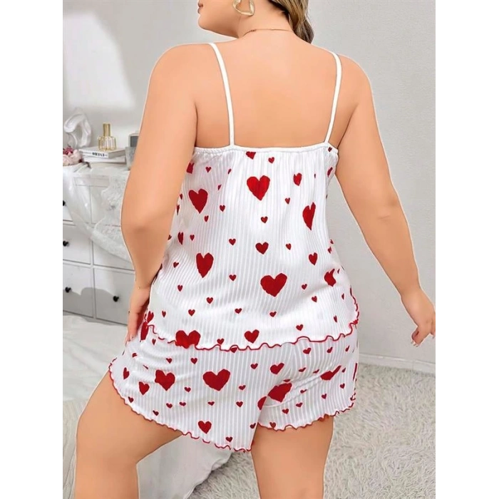 VipMarketim  Büyük Beden Kalp Desen Pamuklu Şortlu Pijama Takımı