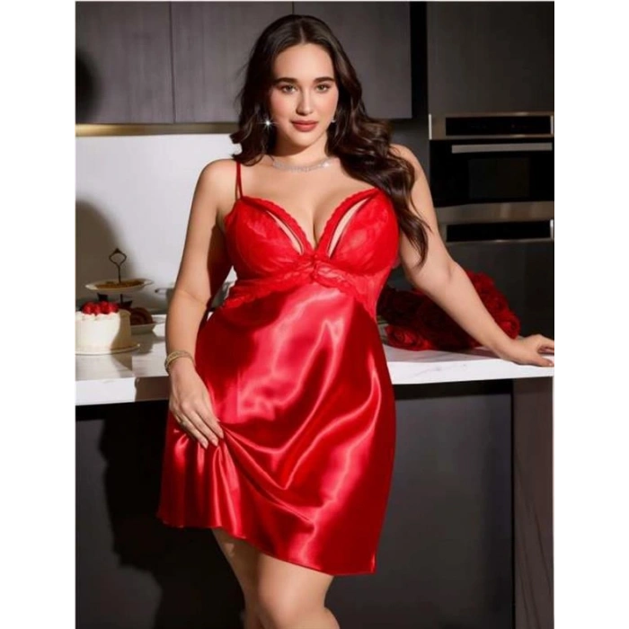 VipMarketim  Büyük Beden Kırmızı Dantel Detaylı Saten Gecelik