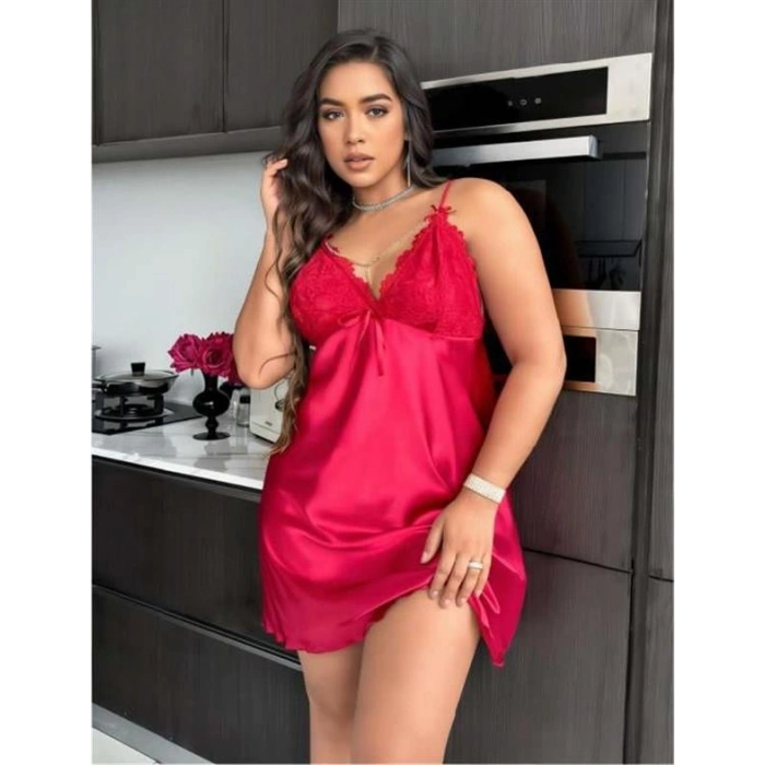 VipMarketim  Büyük Beden Kırmızı Dantel İşlemeli Saten Gecelik