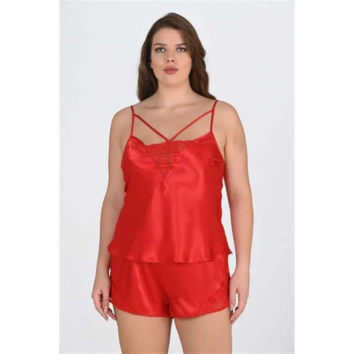 VipMarketim Büyük Beden Kırmızı Dantel İşlemeli Saten Şortlu Gecelik Takımı
