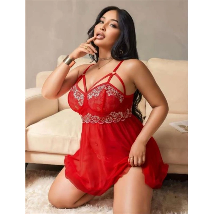 VipMarketim  Büyük Beden Kırmızı Dantel İşlemeli Tül Gecelik