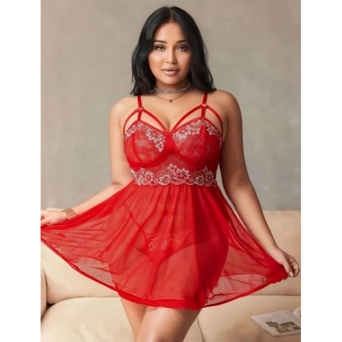 VipMarketim  Büyük Beden Kırmızı Dantel İşlemeli Tül Gecelik