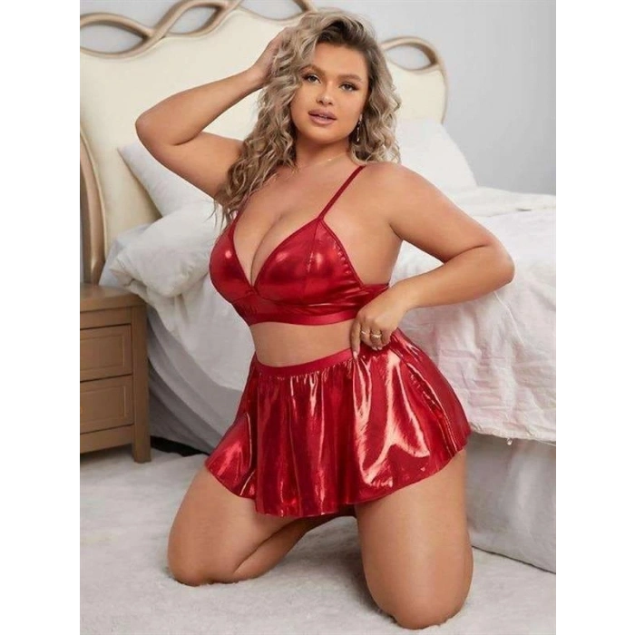 VipMarketim  Büyük Beden Kırmızı Deri Etekli Fantezi Kostüm