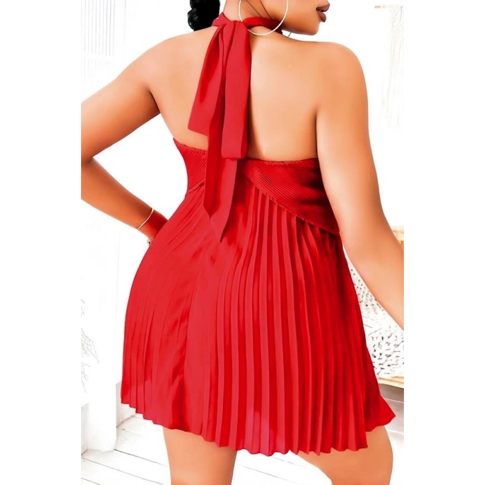 VipMarketim Büyük Beden Kırmızı Fırfırlı Boyundan Bağlamalı Gecelik