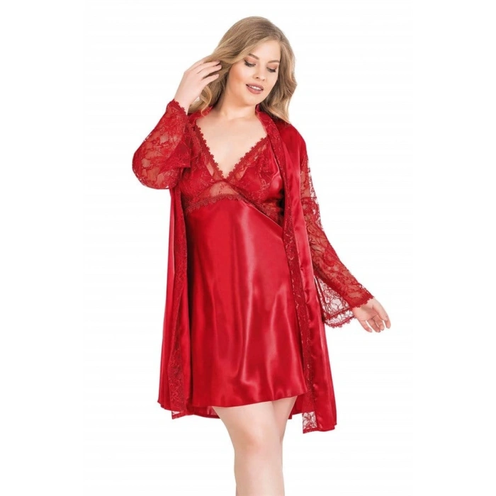 Vipmarketim Büyük Beden Kırmızı Kısa İkili Saten Sabahlık Gecelik Takımı
