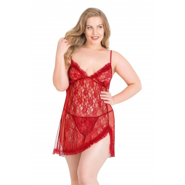 VipMarketim  Büyük Beden Kırmızı Kısa Tül Gecelik