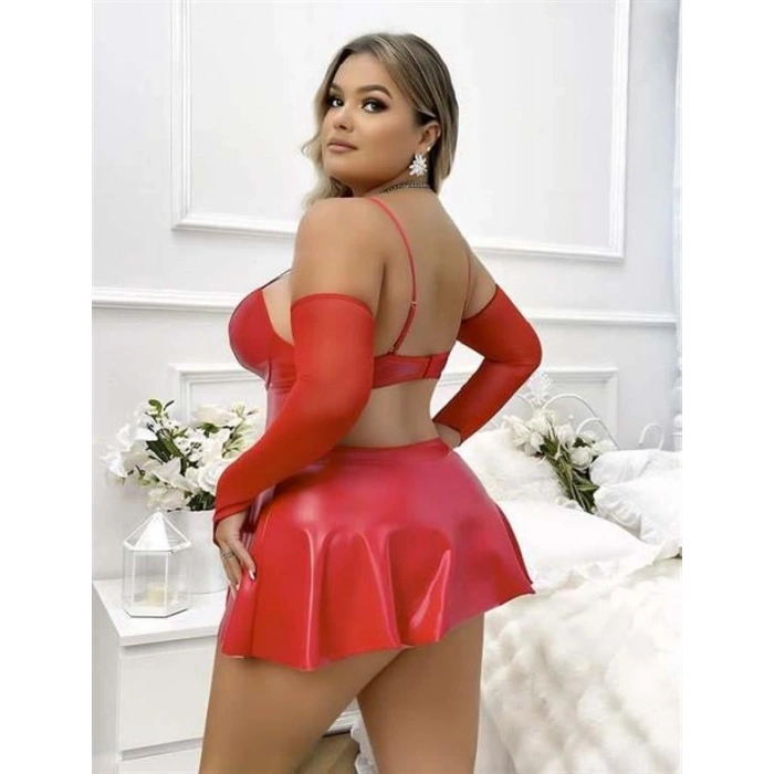 VipMarketim  Büyük Beden Kırmızı Parlak Deri Fantezi Elbise