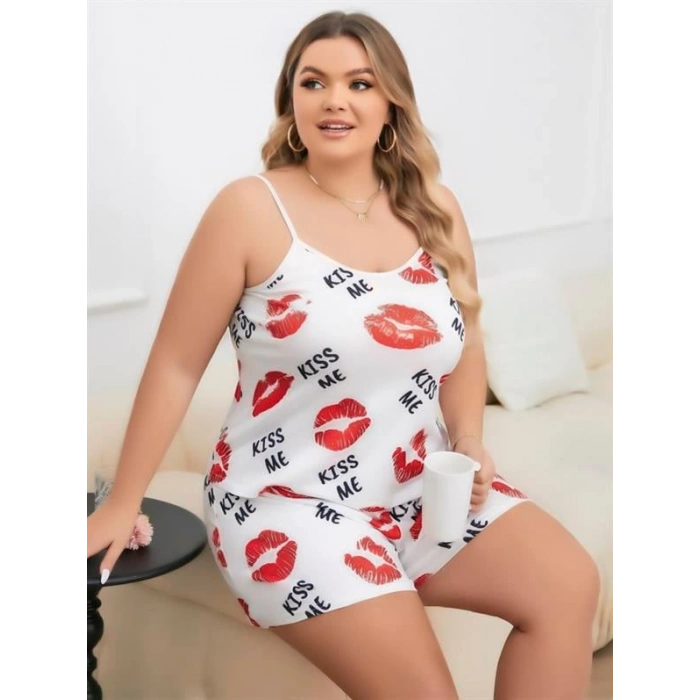 VipMarketim  Büyük Beden Kiss Me Öpücük Desen Pamuklu Şortlu Pijama Takımı