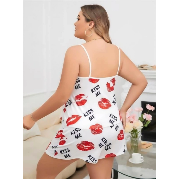 VipMarketim  Büyük Beden Kiss Me Öpücük Desen Pamuklu Şortlu Pijama Takımı