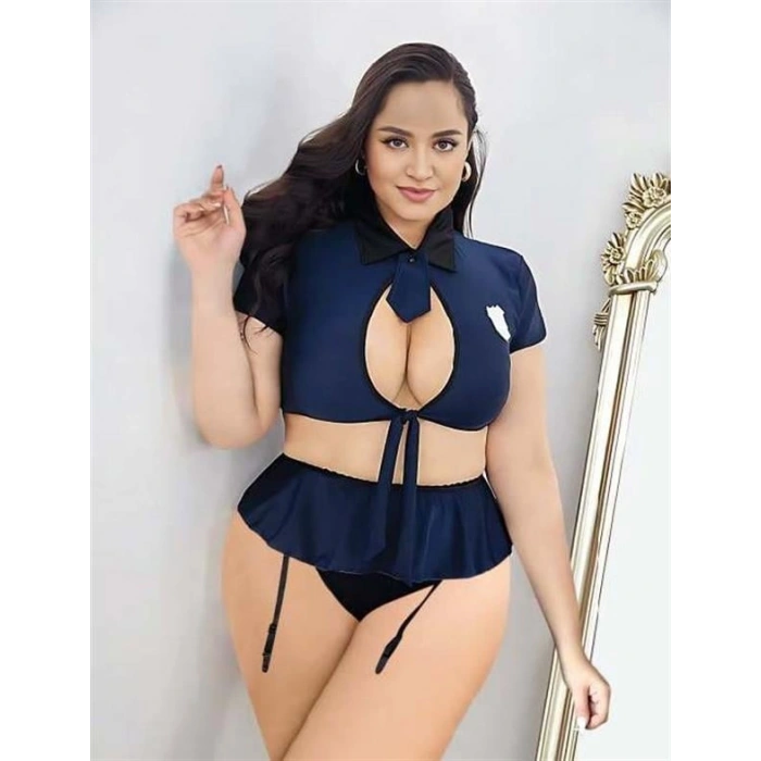 VipMarketim  Büyük Beden Lacivert Göğüs Detay Büstiyerli Kravatlı Mini Etekli Fantezi Polis Kostümü