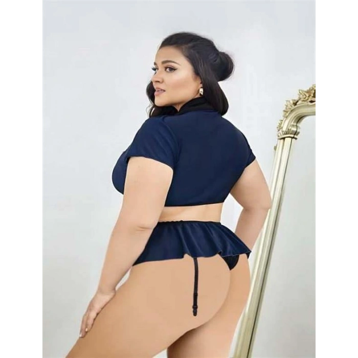 VipMarketim  Büyük Beden Lacivert Göğüs Detay Büstiyerli Kravatlı Mini Etekli Fantezi Polis Kostümü