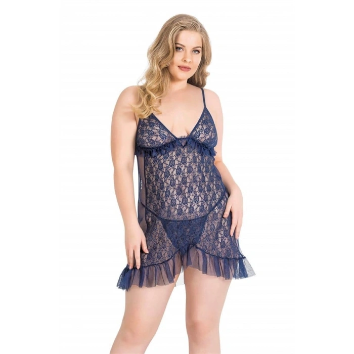 VipMarketim  Büyük Beden Lacivert Kısa Tül Gecelik