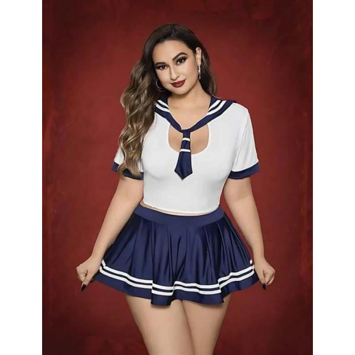 VipMarketim  Büyük Beden Lacivert Mini Etekli Fantezi Denizci Kostümü