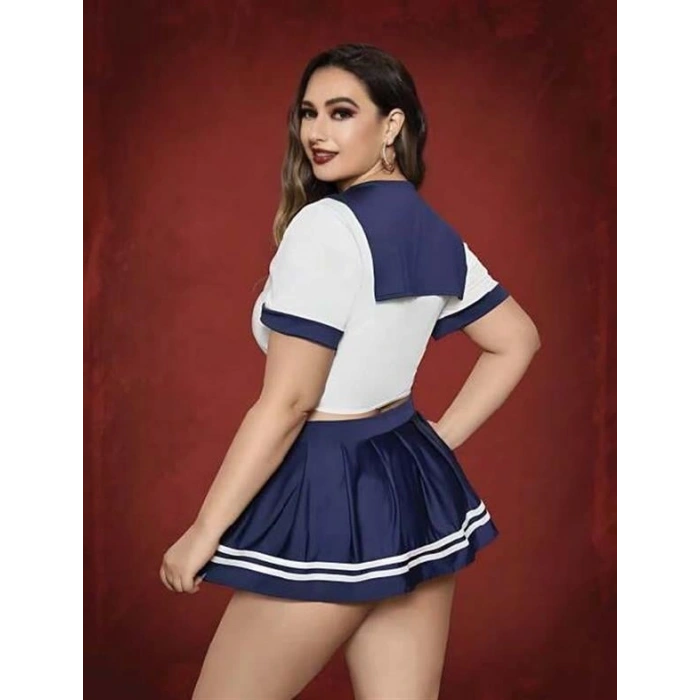 VipMarketim  Büyük Beden Lacivert Mini Etekli Fantezi Denizci Kostümü