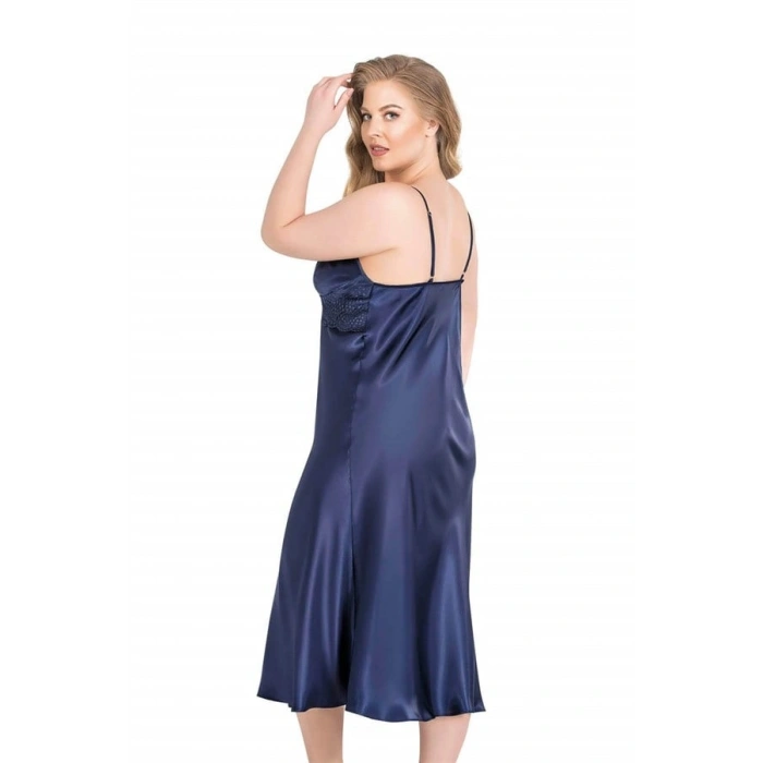 VipMarketim Büyük Beden Lacivert Uzun İkili Saten Sabahlık Gecelik Takımı